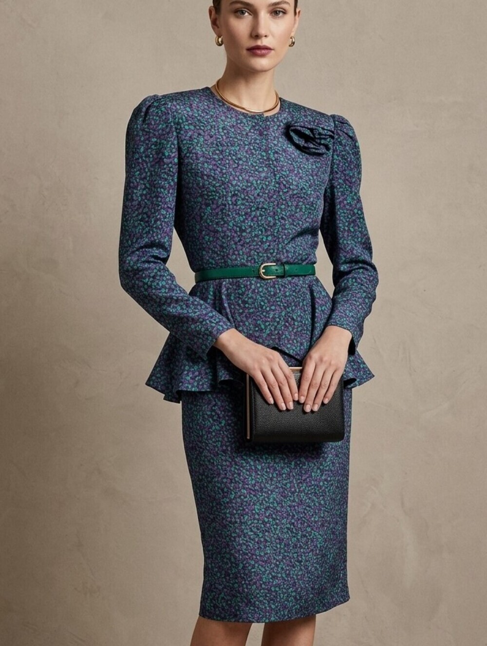 Raul Blanco 80s Silk Peplum Skirt Suit Set Purple Green Confetti Pattern Sz8